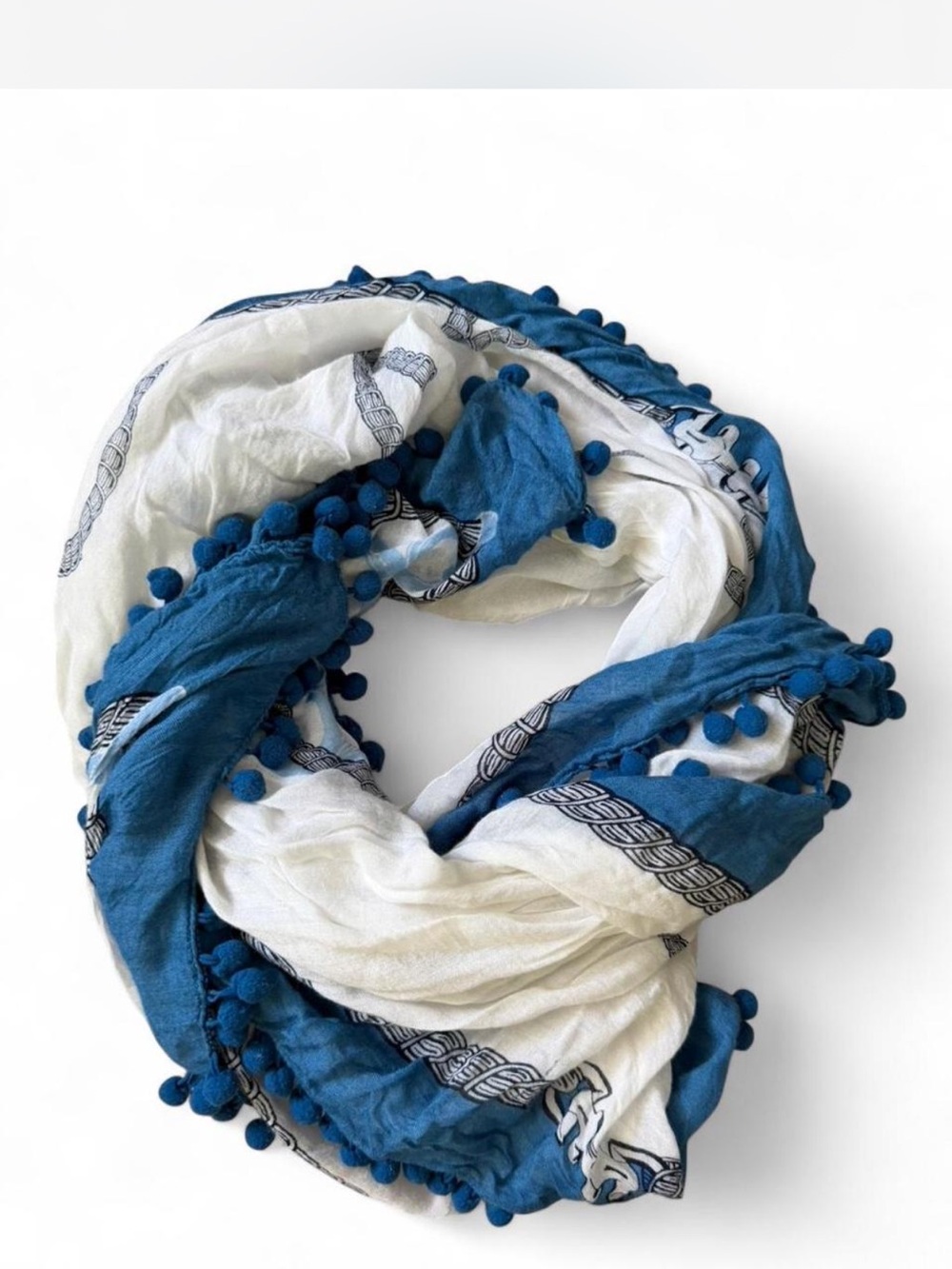 Ann Taylor Nautical Blue and White Pom Pom Scarf
